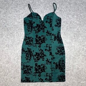 Almost Famous Teal Green Black Velvet Flocked Rose Floral Bodycon Mini Dress L